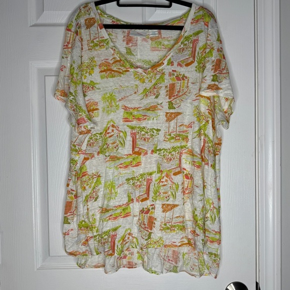 CYNTHIA ROWLEY 100% Linen All Over Island PrintShort Sleeve  Woman’s Size 2XL - Picture 1 of 5